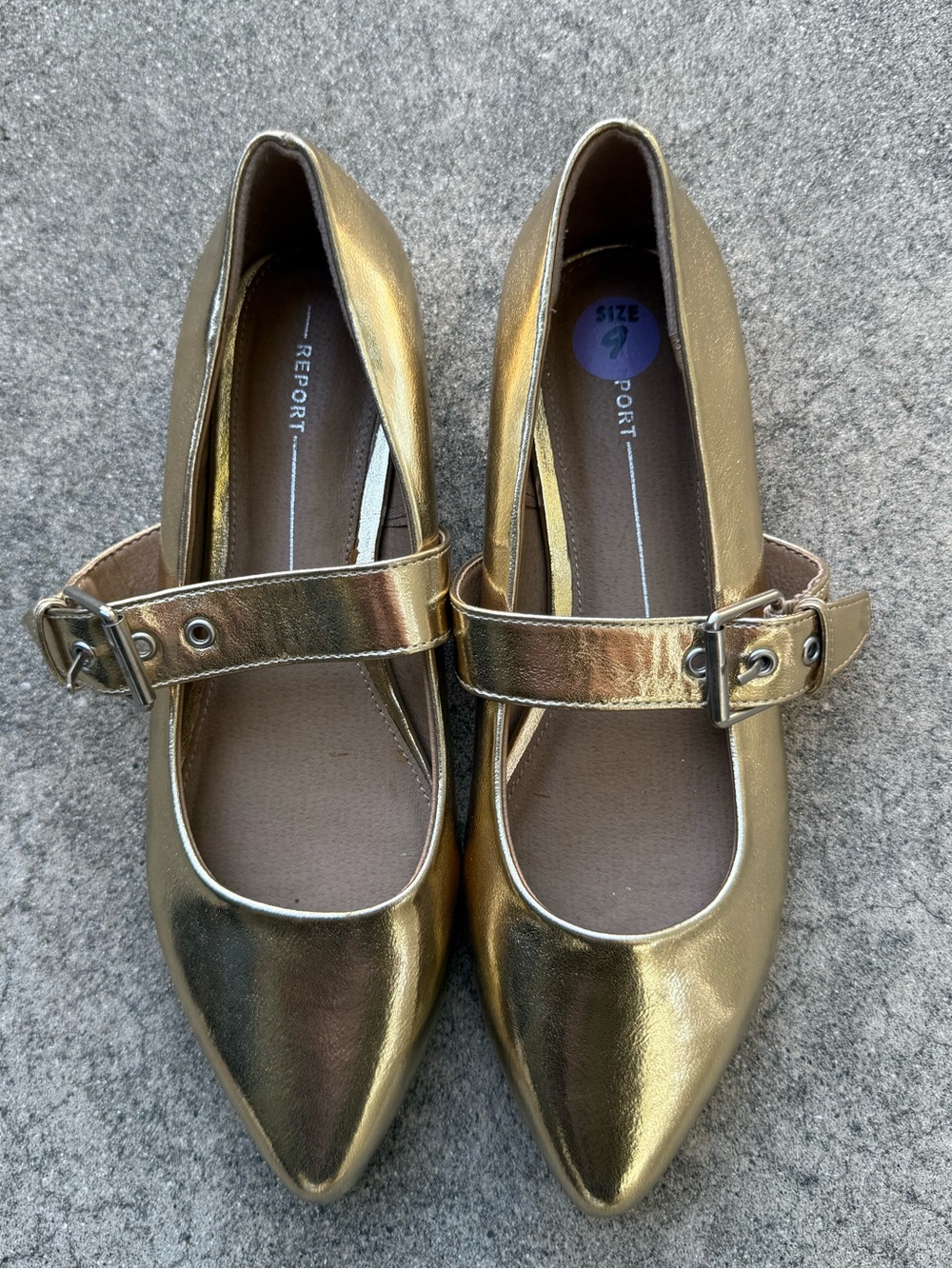 Report Golden Metallic Mary Jane Ballet Pointed Toe Buckle Strap Statement Flats - Picture 2 of 7